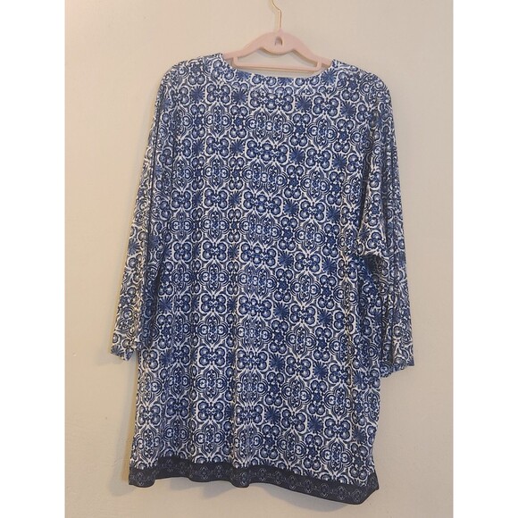 Chico's Size 2(12) Blue Geometric Design V-Neck 3/4‎ Sleeve Boho Tunic Top - Picture 3 of 9